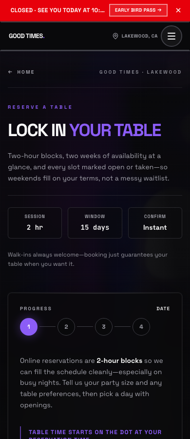 The public booking page on a phone, starting with a two-hour session and a date
