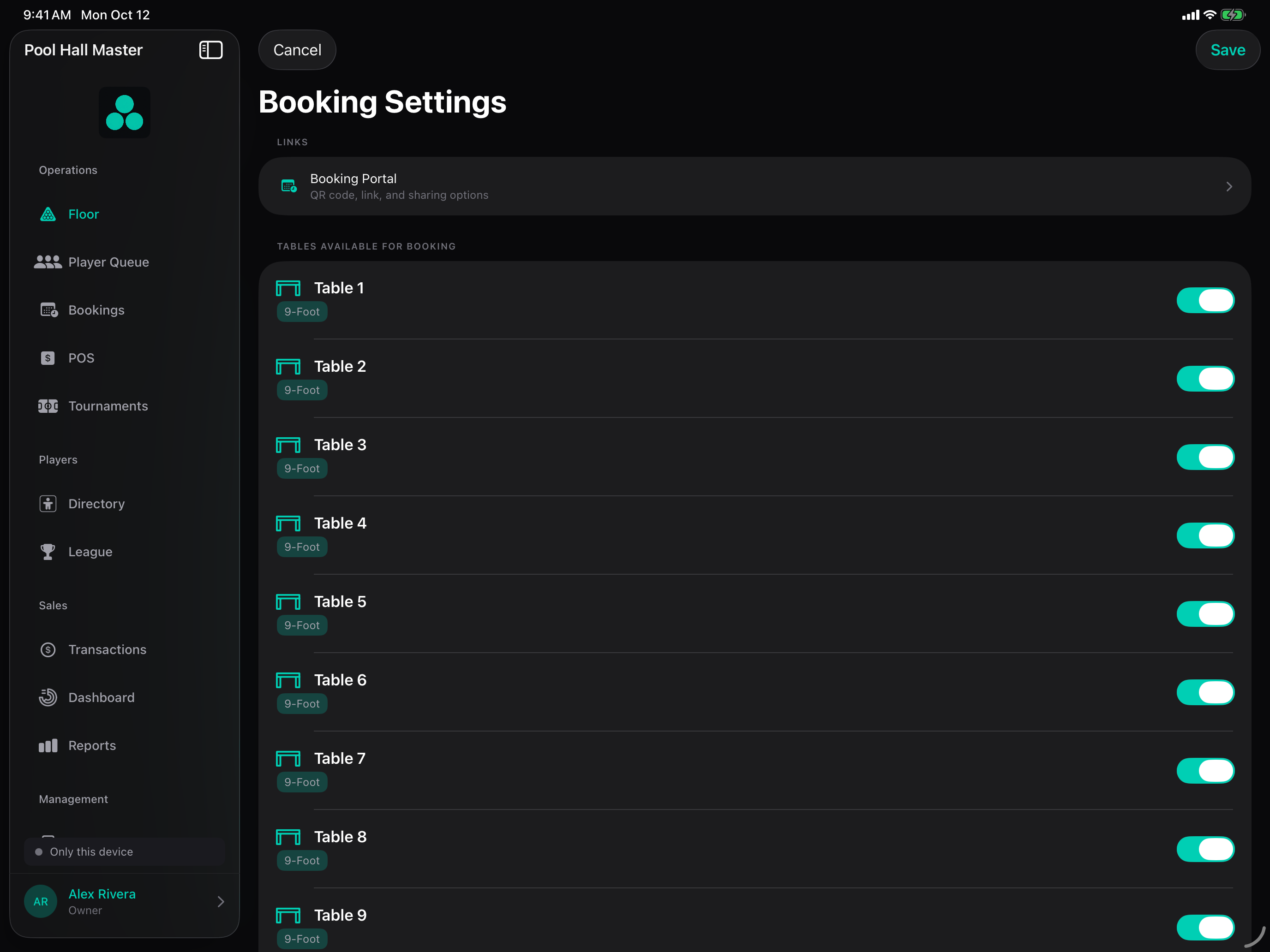 Booking Settings with a booking portal link and each table switched on