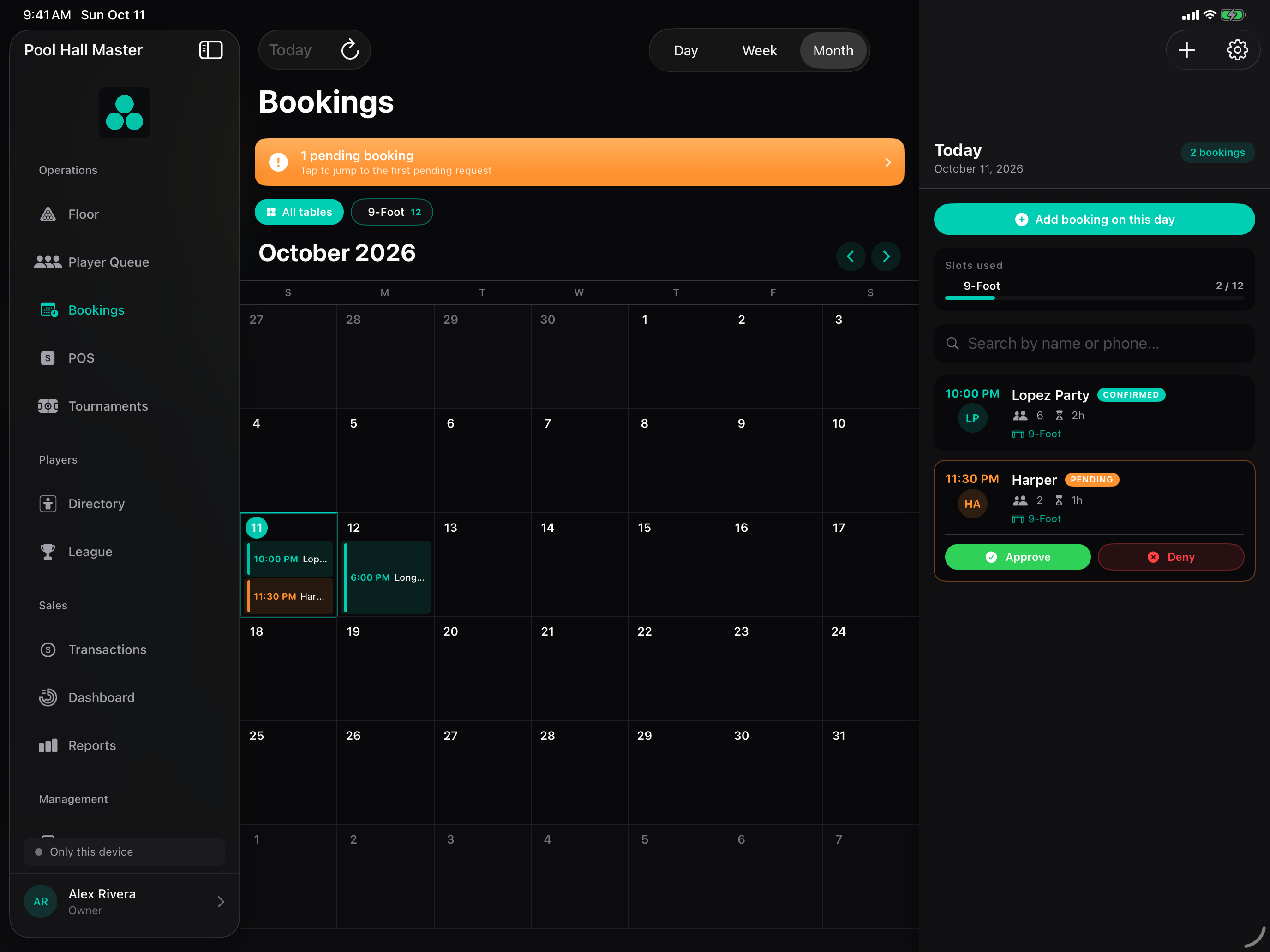 The Bookings calendar with a confirmed party and a pending request waiting to be approved or denied