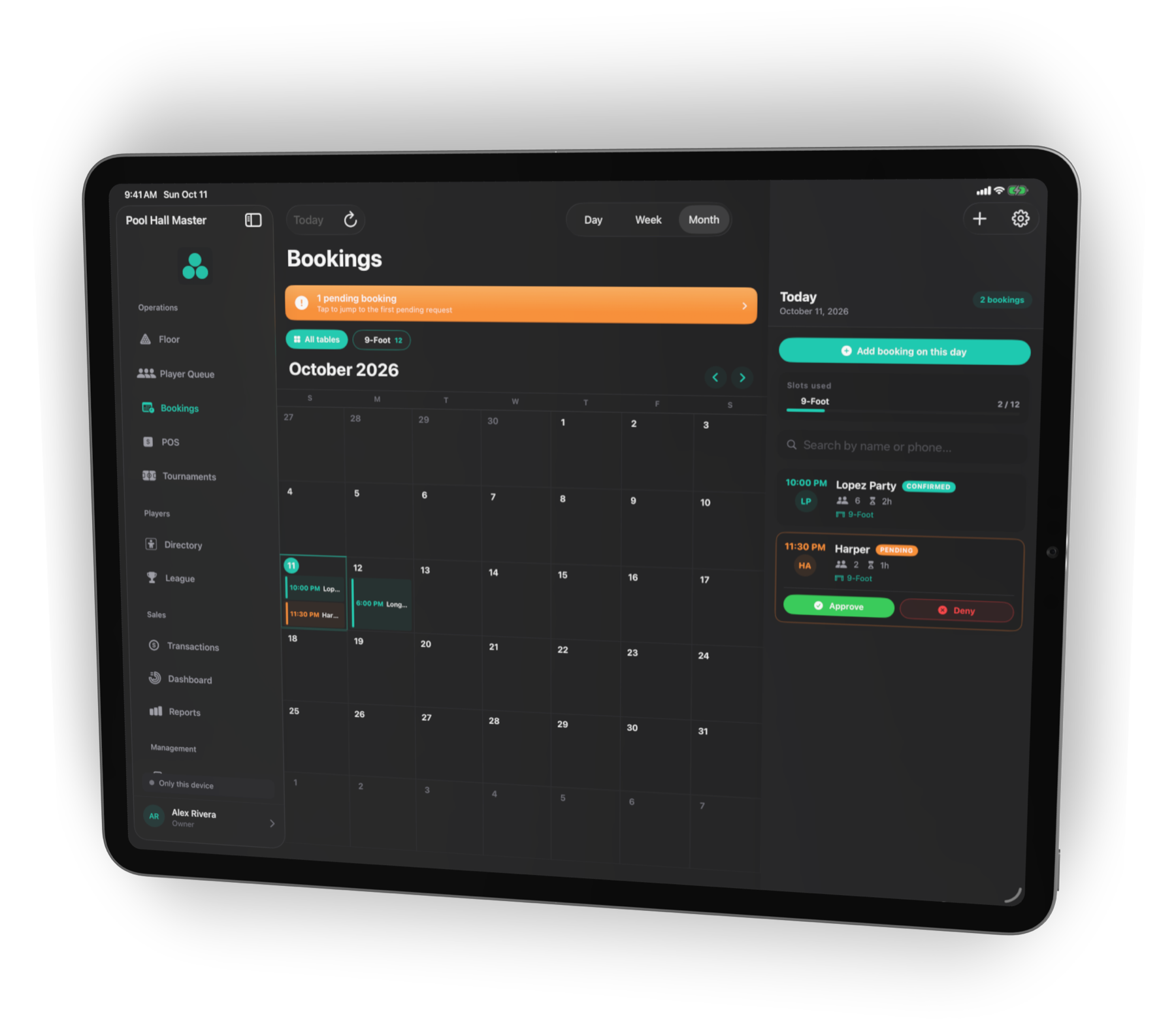 The Bookings calendar on iPad with a confirmed party and a pending request awaiting approval