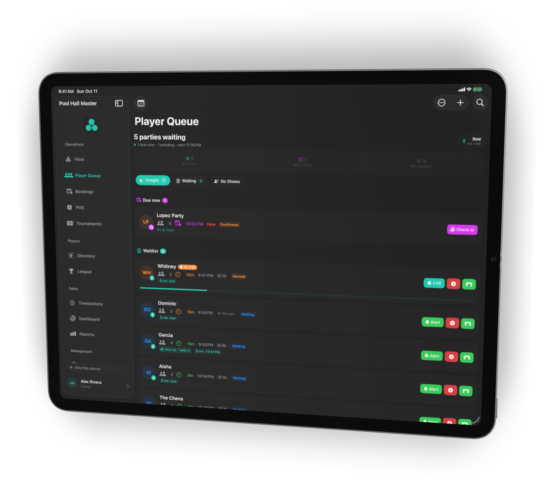 The Player Queue on iPad: a party due now, an alerted party, and waiting parties with their requested play length