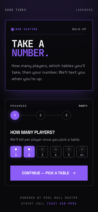 The walk-up waitlist page: how many players, then pick a table