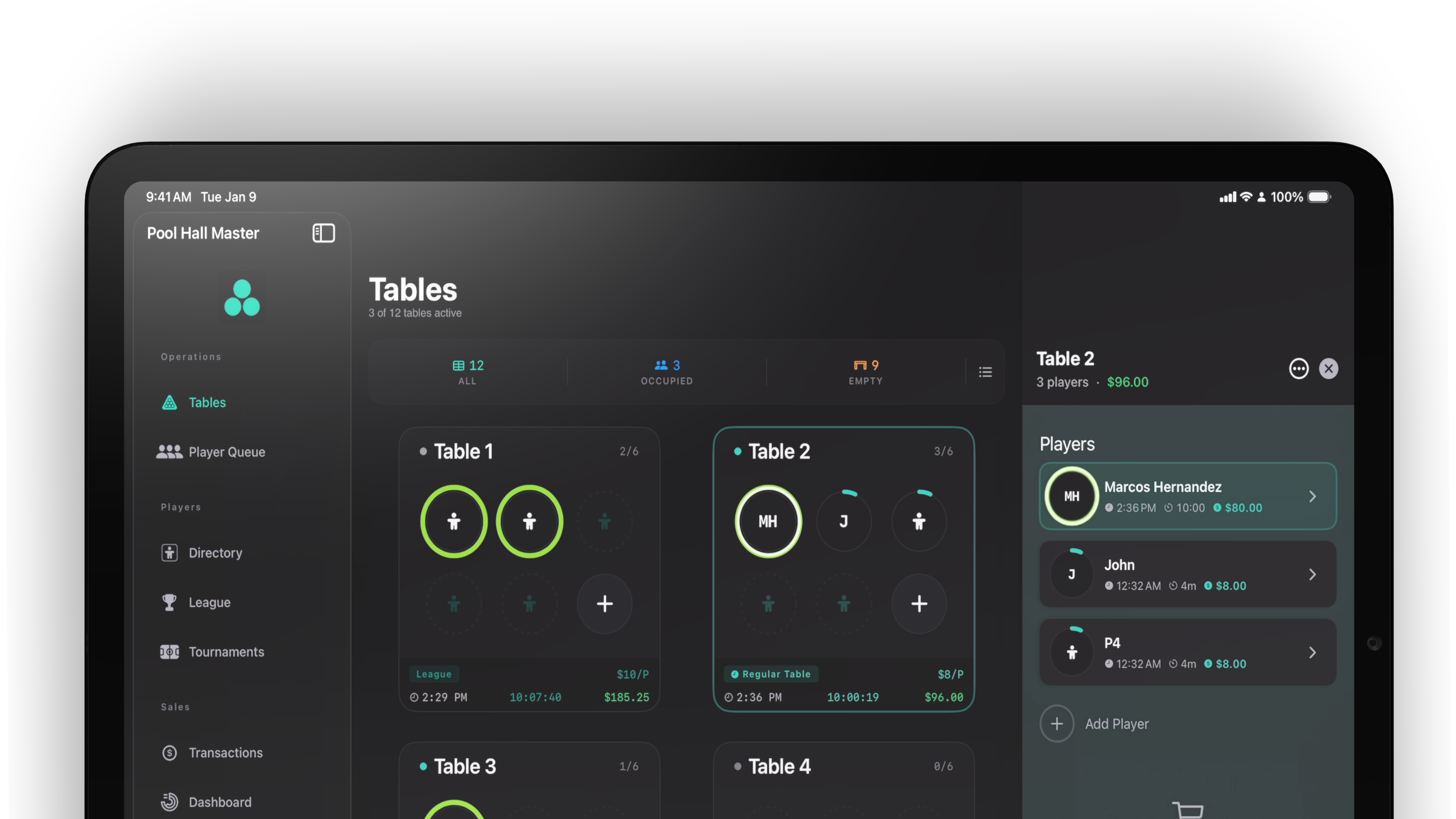Pool Hall Master app: table management, player tracking, and real-time status on iPad
